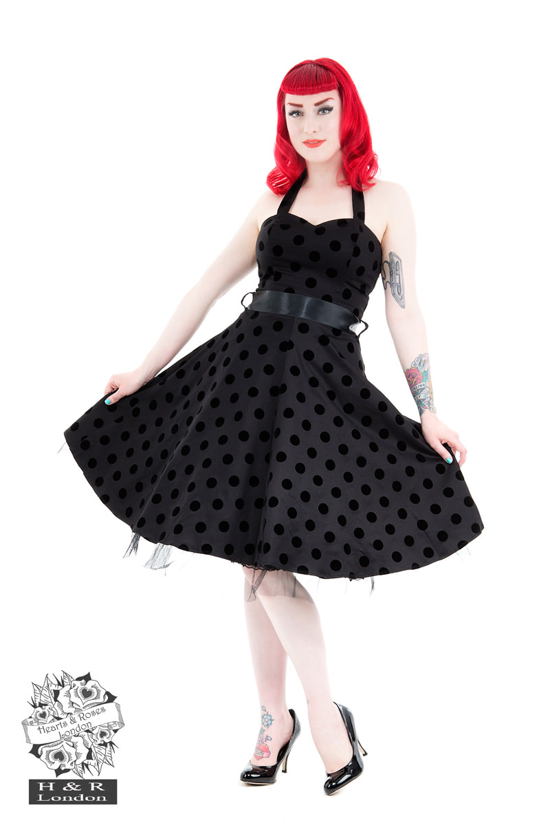 Black Black Flocked Polka Dot Swing Dress